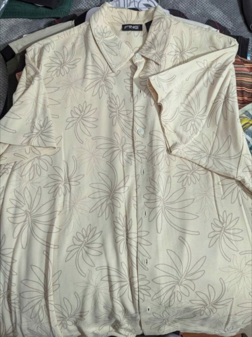 Ping Golf Shirt Men Large Cream w Leaf Pattern